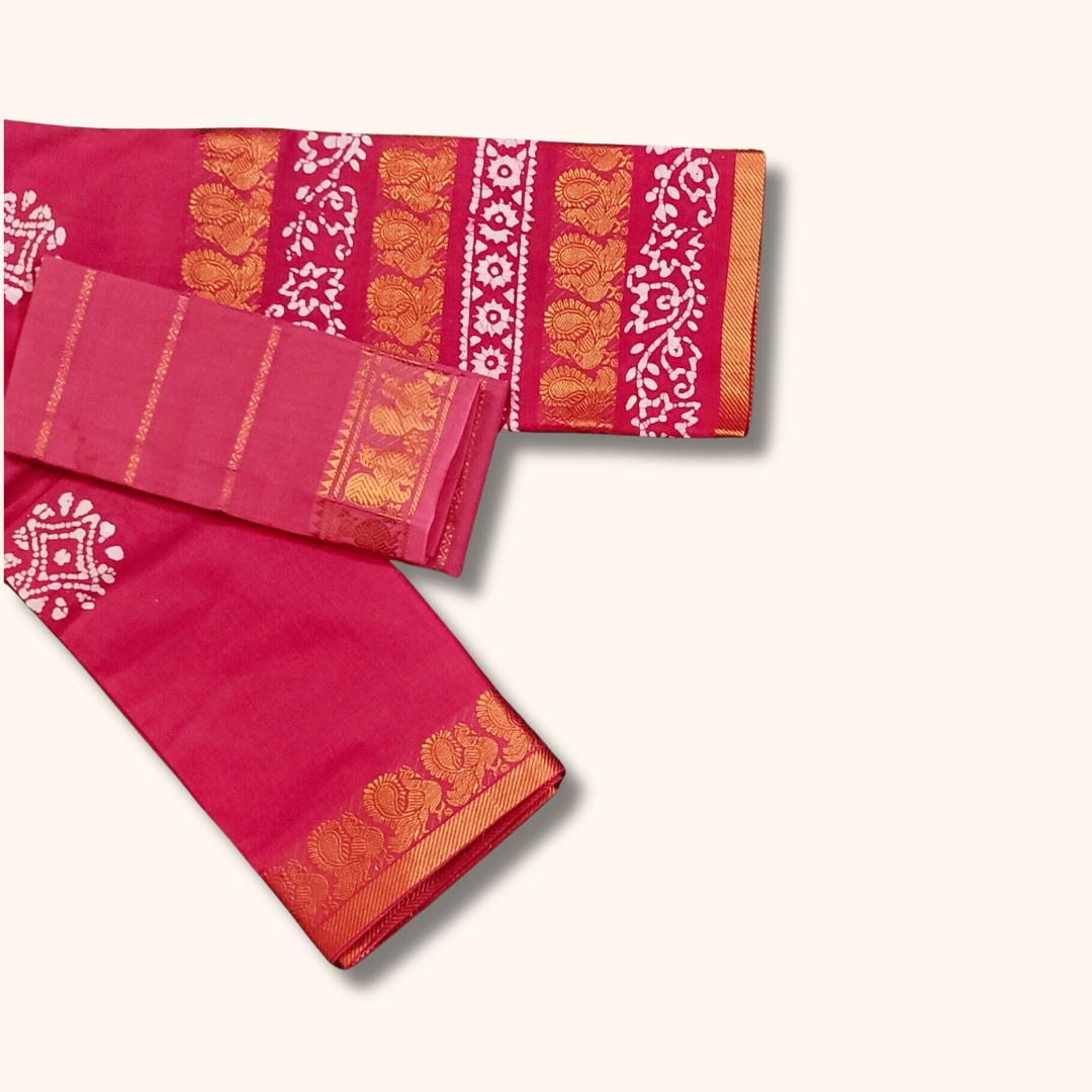 Rani Pink Batik Cotton Saree with Separate Blouse