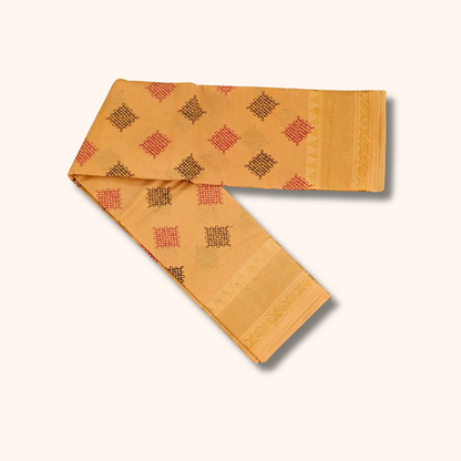 Mustard Yellow Sungudi Cotton Saree with Kolam Print & Self Zari Border