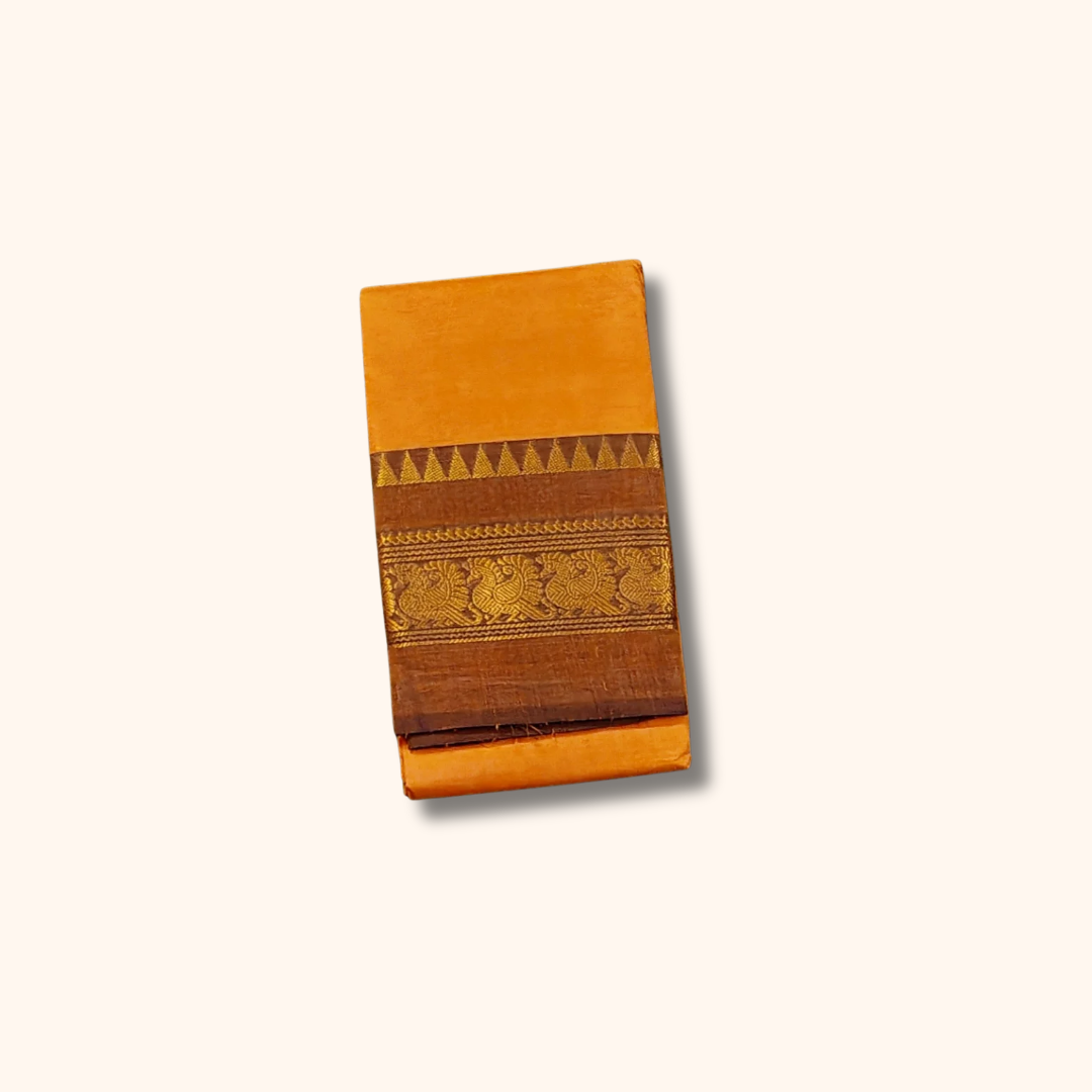 Mustard Orange Pure Chettinad Cotton Saree with Brown & Gold Peacock Border