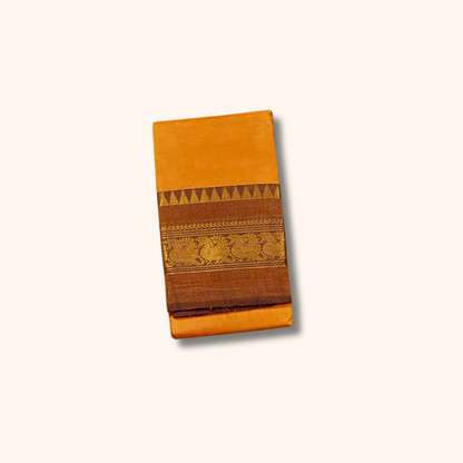 Mustard Orange Pure Chettinad Cotton Saree with Brown & Gold Peacock Border