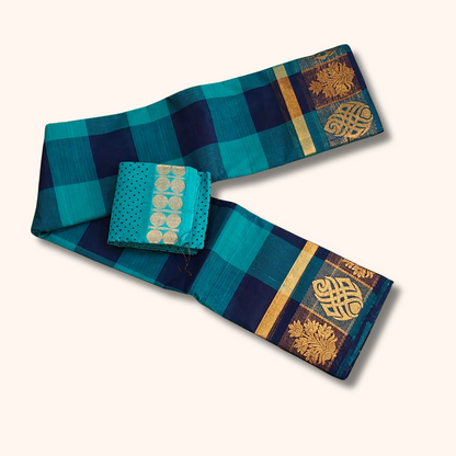 Blue Checked Chettinad Cotton Saree with Separate Blouse Piece