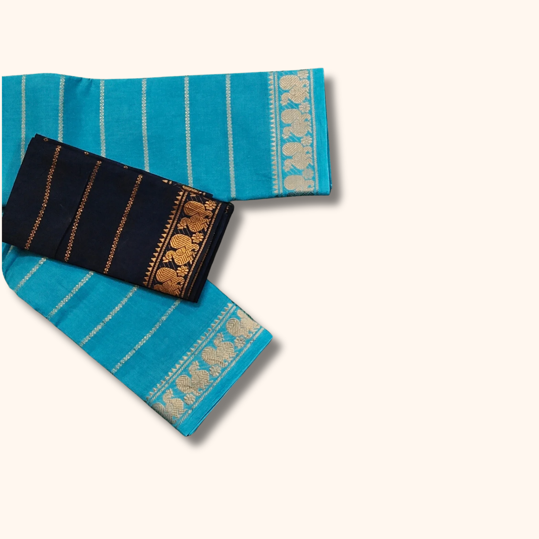 Sky Blue Cotton Saree with Navy Blue Contrast Blouse – Traditional Peacock Border Saree