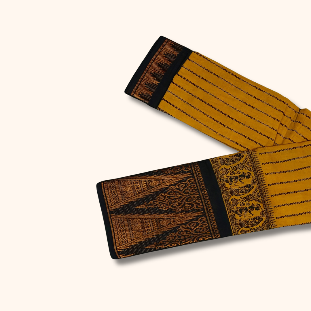Mustard Yellow Pure Sungudi Cotton Saree with Black Traditional Border & Printed Design – No Blouse
