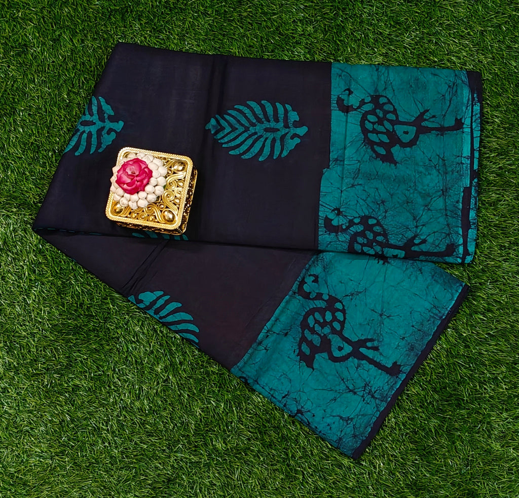 Luxury 120 Count Sungudi Cotton Saree with Batik Leaf Motifs & Running Blouse