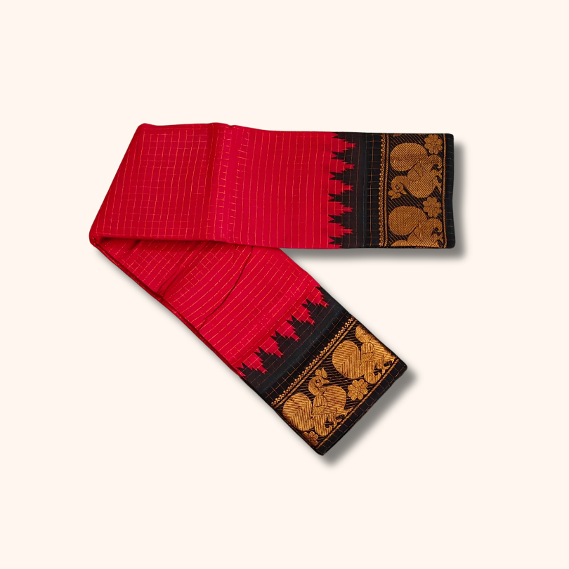Red Pure Cotton Sungudi Saree with Black & Gold Zari Peacock Border