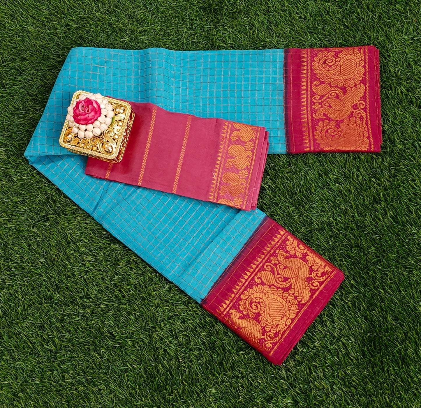 Sky Blue Sungudi Cotton Saree with Maroon Zari Border