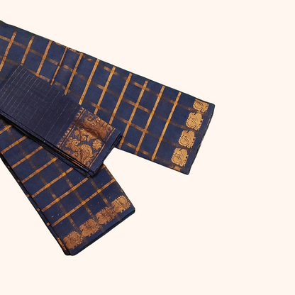 Navy Blue Checked Saree with Golden Zari Checks & Traditional Motif Border – Separate Blouse Piece