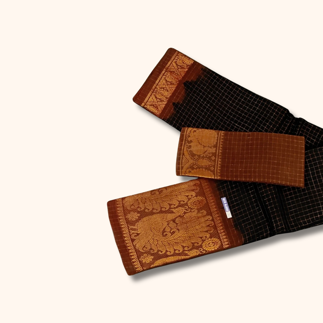 Black & Rust Brown Sungudi Cotton Saree with Peacock Pallu – Separate Blouse Piece