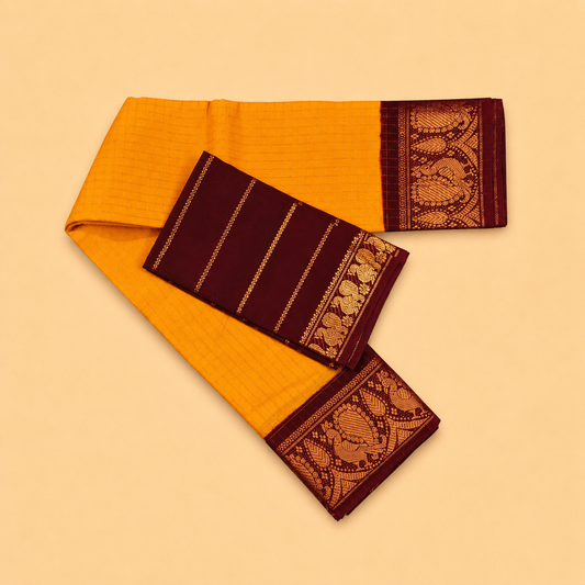 Mustard Yellow Checked Cotton Saree with Maroon Peacock Border