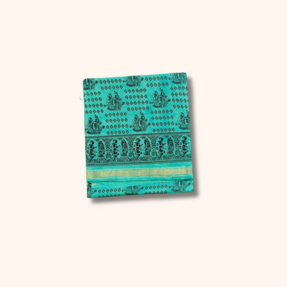 Turquoise Blue Sungudi Cotton Saree – Traditional Figurine Print