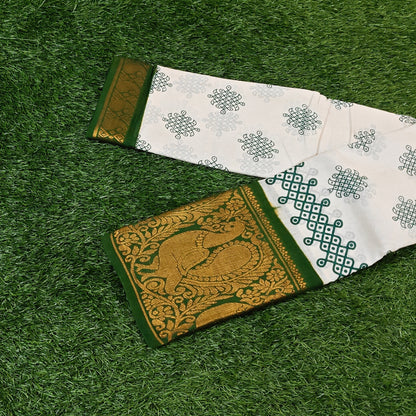 Beautiful Kolam White Printed Cotton Saree with Bottle Green Peacock Border