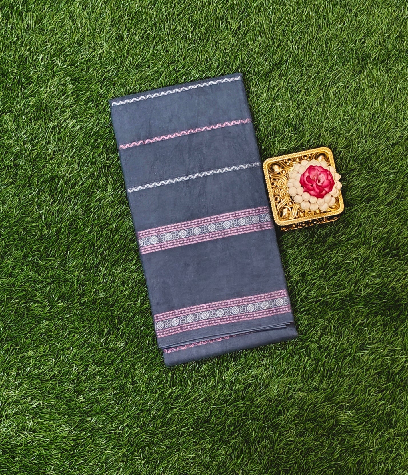 Slate Grey Sungudi Cotton Saree with Zari Stripe Design