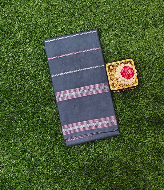 Slate Grey Sungudi Cotton Saree with Zari Stripe Design