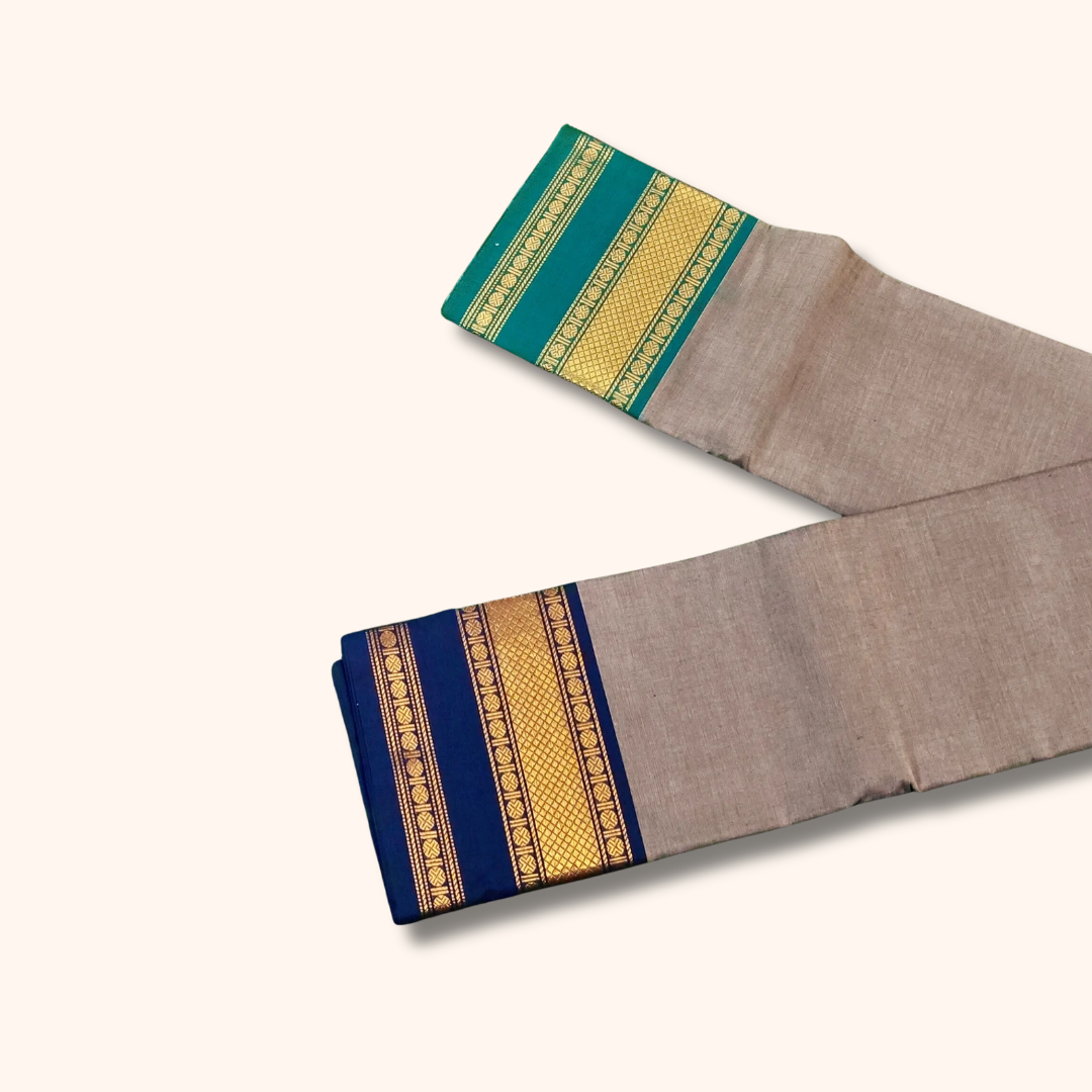 Grey Chettinad Cotton Saree with Blue & Teal Zari Border