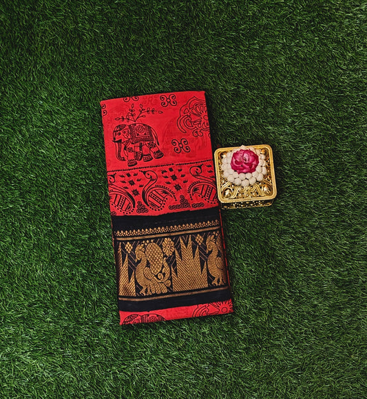 Brick Red Sungudi Cotton Saree with Elephant Motifs & Black Peacock Zari Border