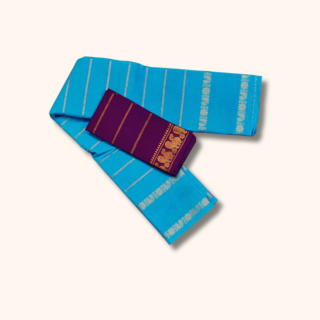 Sky Blue Cotton Saree with Gold Zari Stripes & Purple Blouse Piece