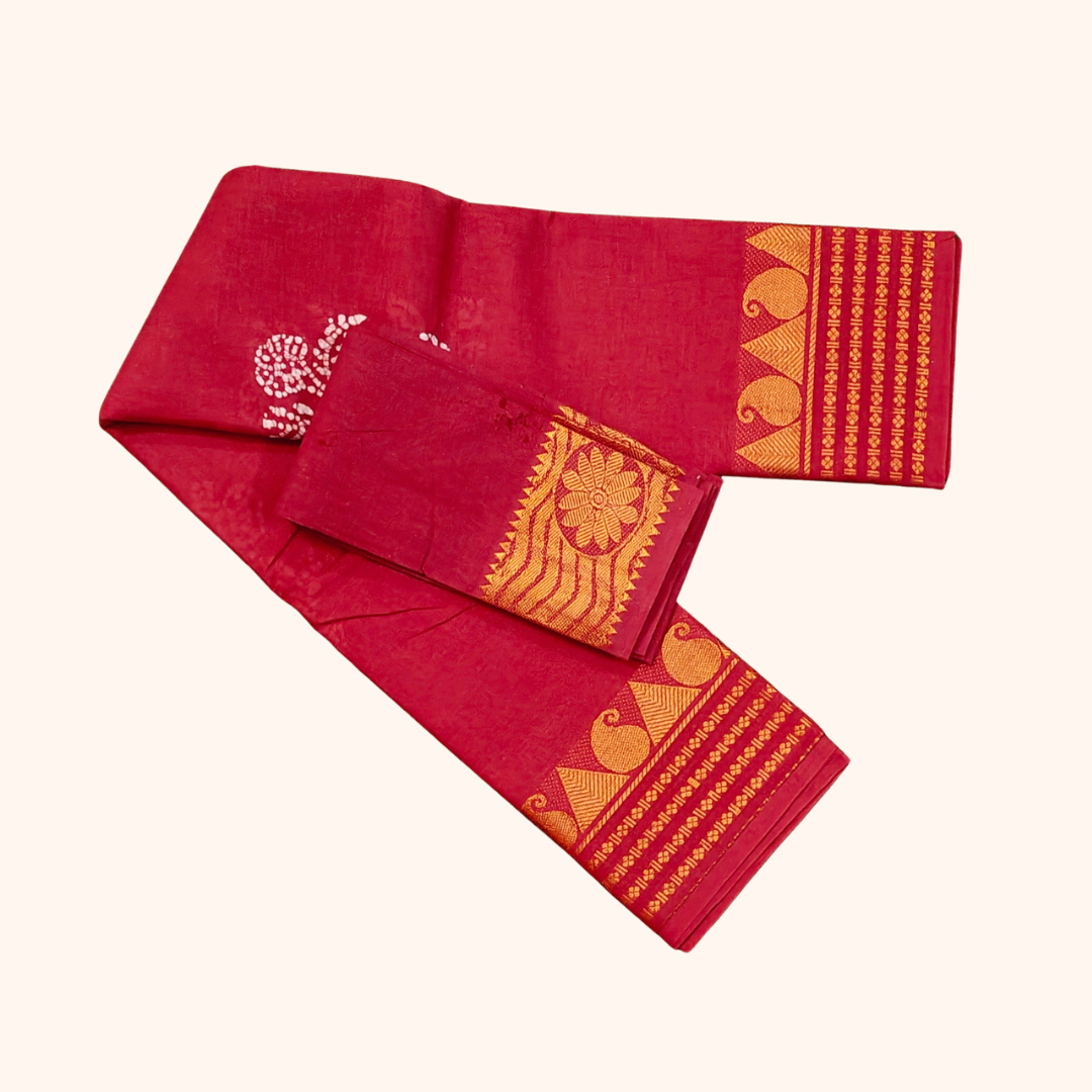 Ruby Pink Sungudi Cotton Saree with Gold Zari Border & Matching Blouse Piece