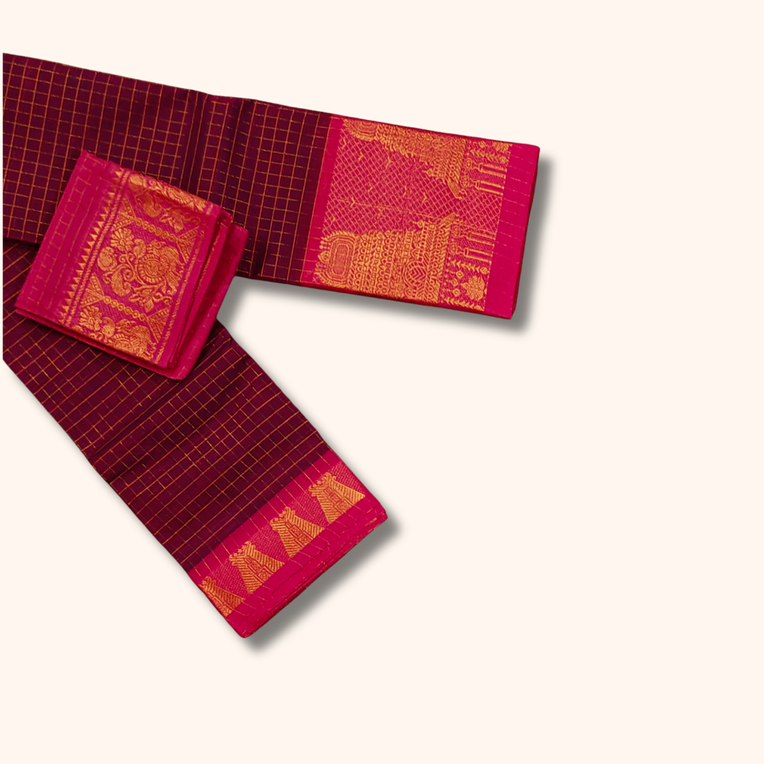 Maroon Temple Border Cotton Saree with Pink Pallu Separate Blouse Piece