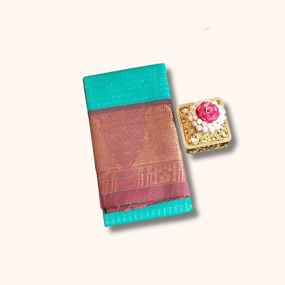 Chettinad Cotton Saree with Meenakshi Gopuram Border – Peacock Green Checks