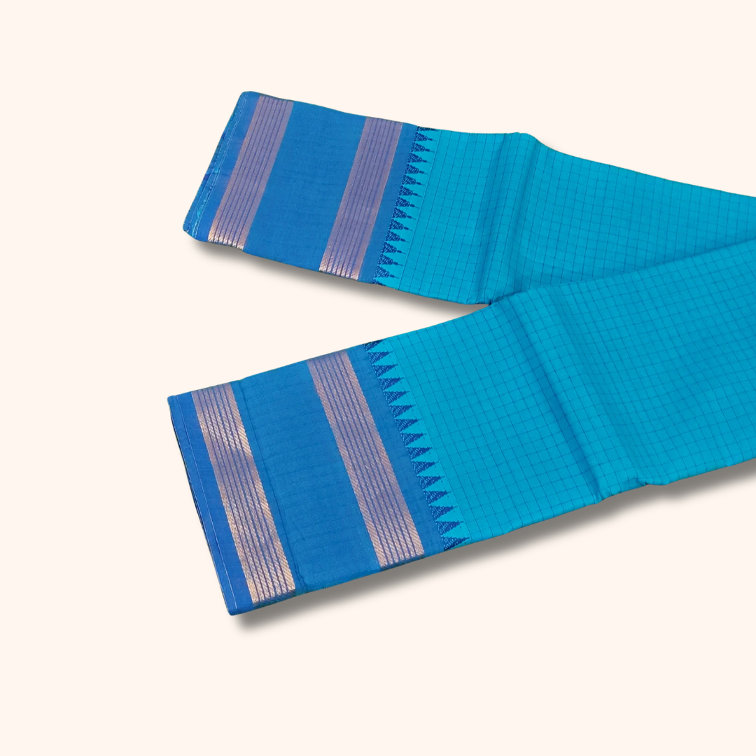 Sky Blue Chettinad Checks Saree – Simple Elegance, Timeless Tradition