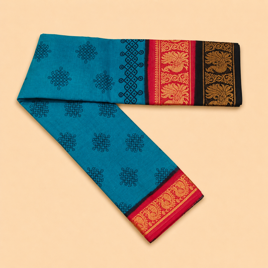 Turquoise Blue Printed Cotton Saree with Dual-Tone Designer Border