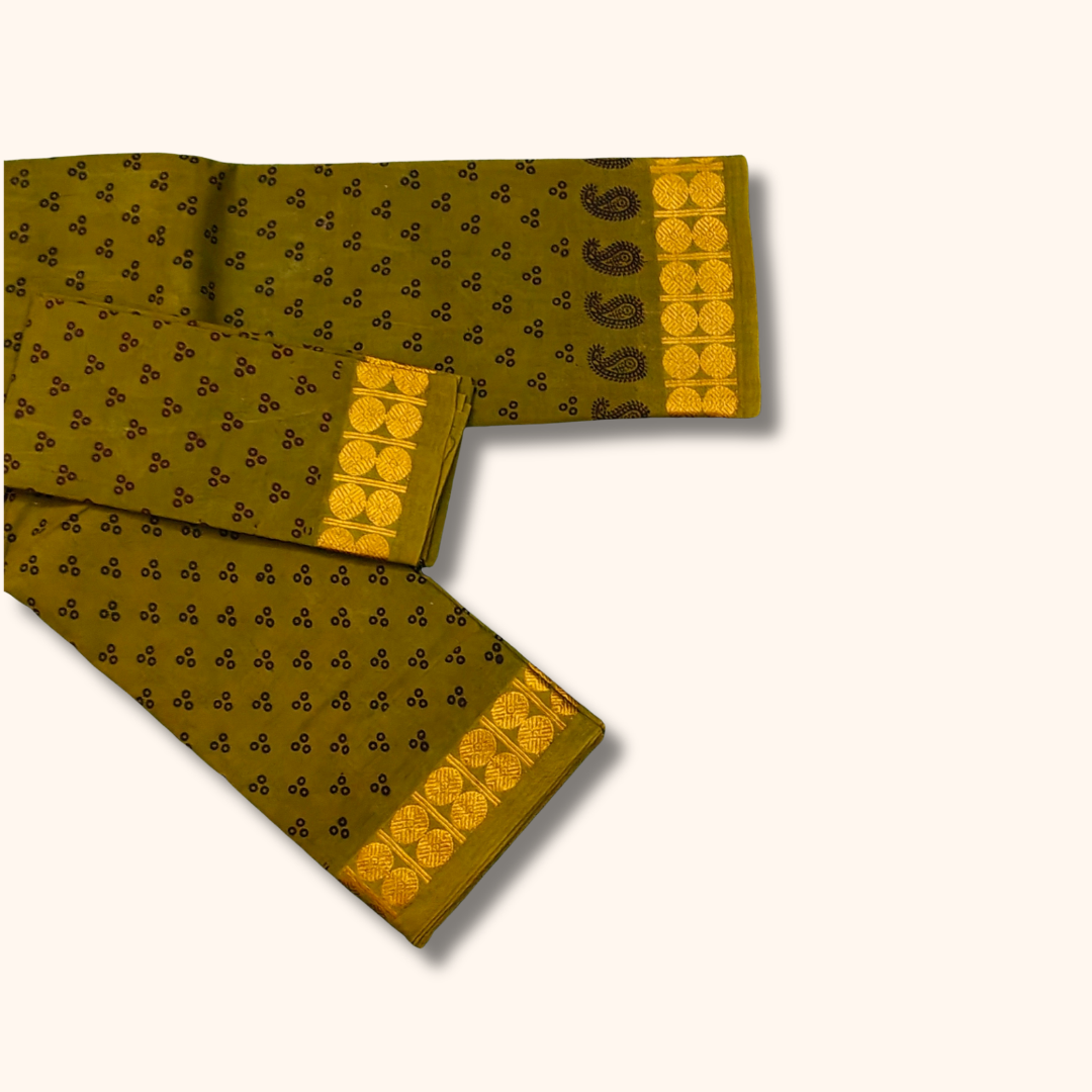 Olive Green Dot Print Cotton Saree with Gold Zari Border