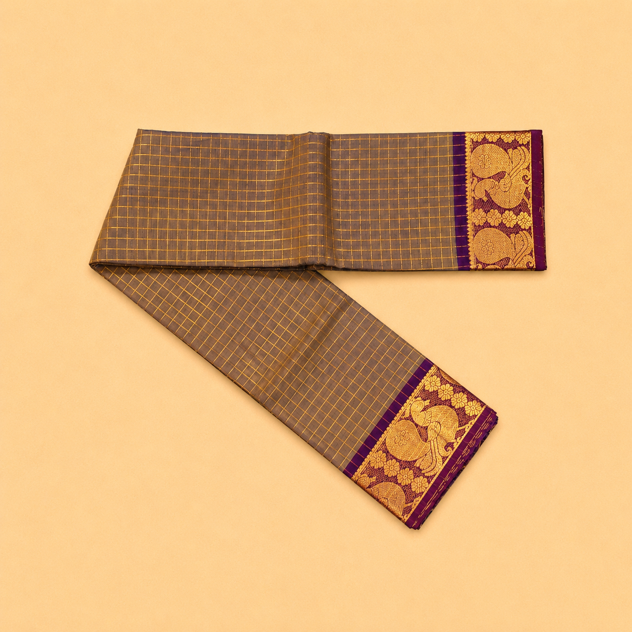 Ash Brown Checked Chettinad Cotton Saree with Purple Peacock Border
