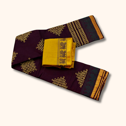 Dark Maroon Sungudi Cotton Saree with Mustard Traditional Kolam Design Saree