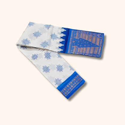 White Cotton Saree with Royal Blue Temple Border – Without Blouse