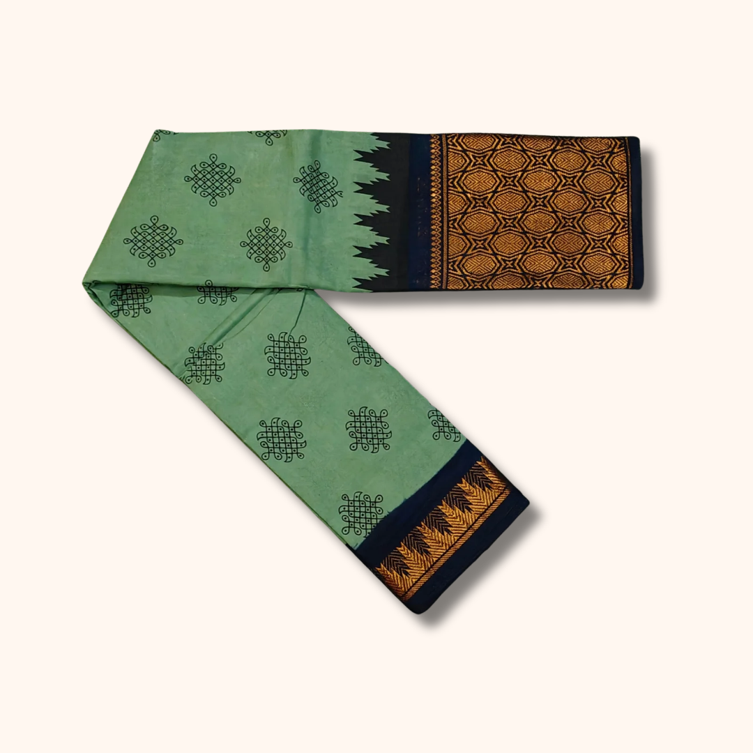 Mint Green Kolam Sungudi Cotton Saree with Black Designer Border