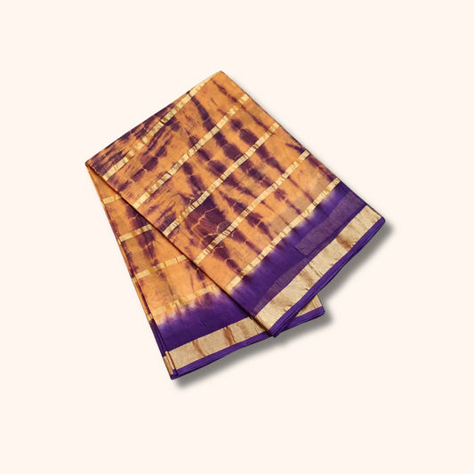 Mustard Yellow & Purple Tie-Dye Cotton Saree with Gold Zari Border