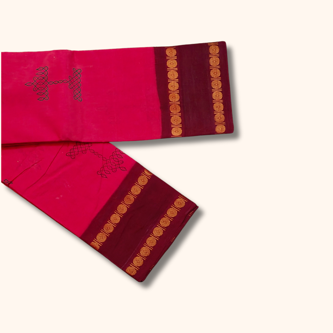 Bright Pink Cotton Saree with Maroon Border – Running Blouse