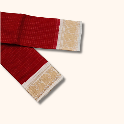 Red Sungudi Cotton Saree with Cream Gold Zari Border – Running Blouse