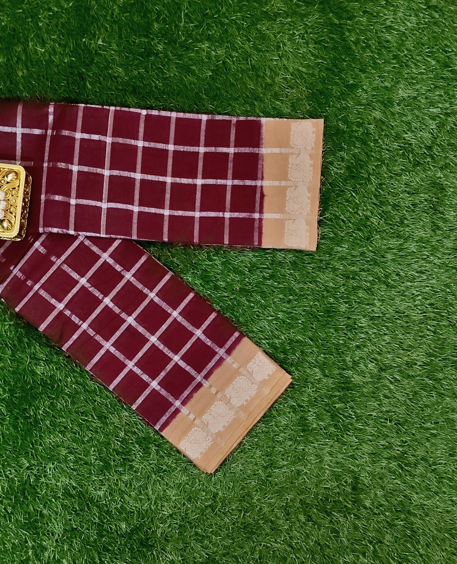 Beautiful Maroon Pavithra Kattam Cotton Saree with Silver Checks & Beige Zari Border