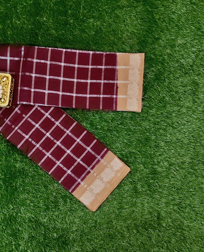 Beautiful Maroon Pavithra Kattam Cotton Saree with Silver Checks & Beige Zari Border