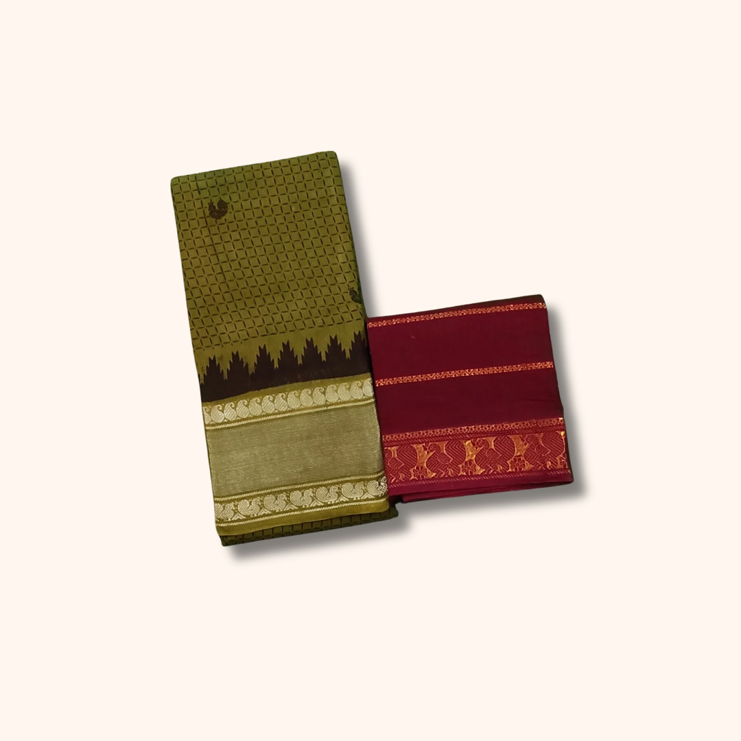 Olive Green Sungudi Cotton Saree with Silver Zari Temple Border