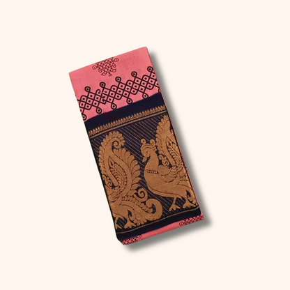 Rose Pink Kolam Cotton Saree with Dark Blue Peacock Border