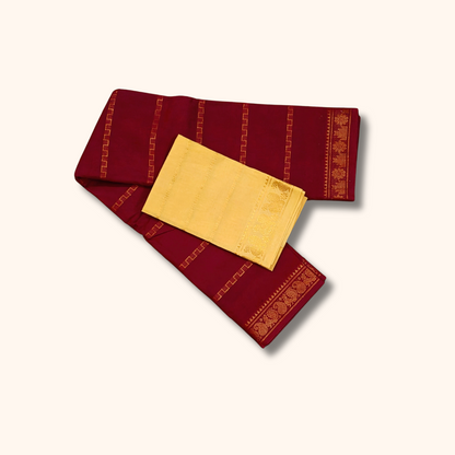 Maroon Cotton Saree with Cream Contrast Blouse & Elephant Zari Border