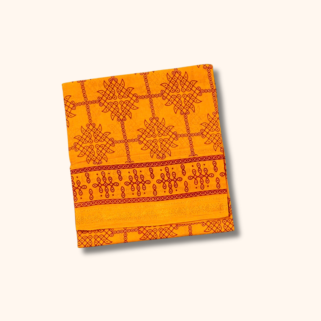 Mustard Yellow Sungudi Cotton Saree with Traditional Kolam Motifs & Zari Border – Without Blouse
