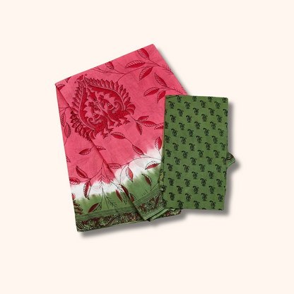 Pink & Green Kalamkari Printed Cotton Saree with Traditional Border – Separate Blouse