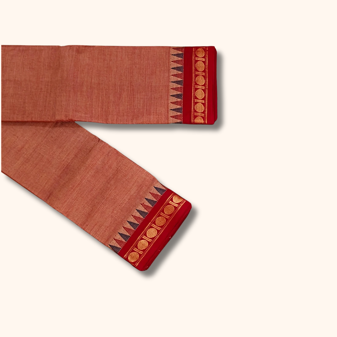 Peach Thread Work Zari Chettinad Cotton Saree Temple Border
