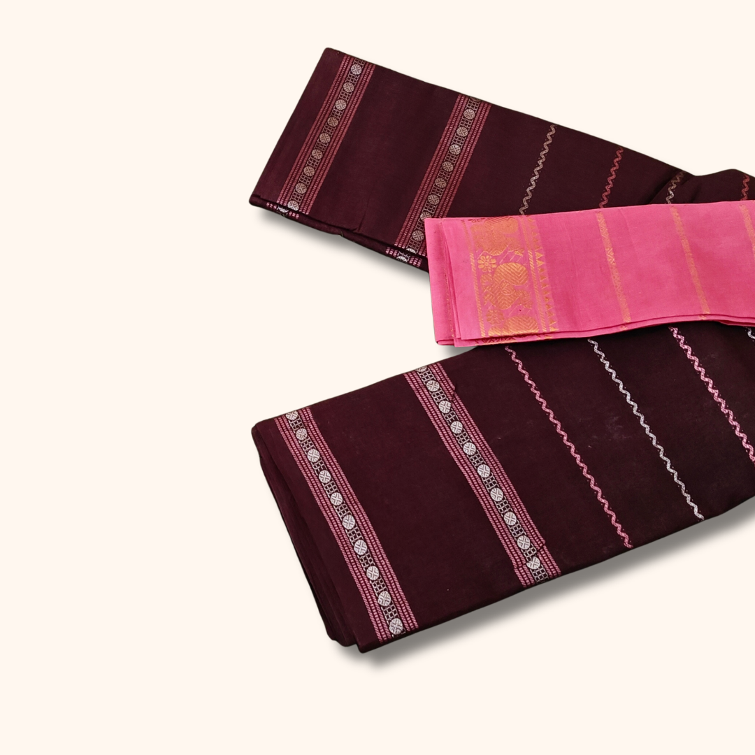 Maroon Sungudi Cotton Saree with Pink Peacock Border Blouse