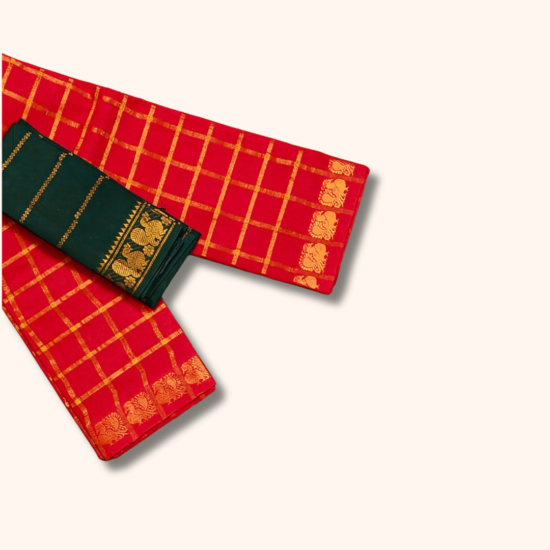 Red Checked Cotton Saree with Gold Zari Border