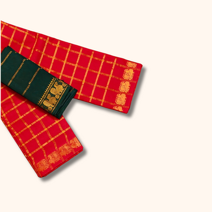 Red Checked Cotton Saree with Gold Zari Border