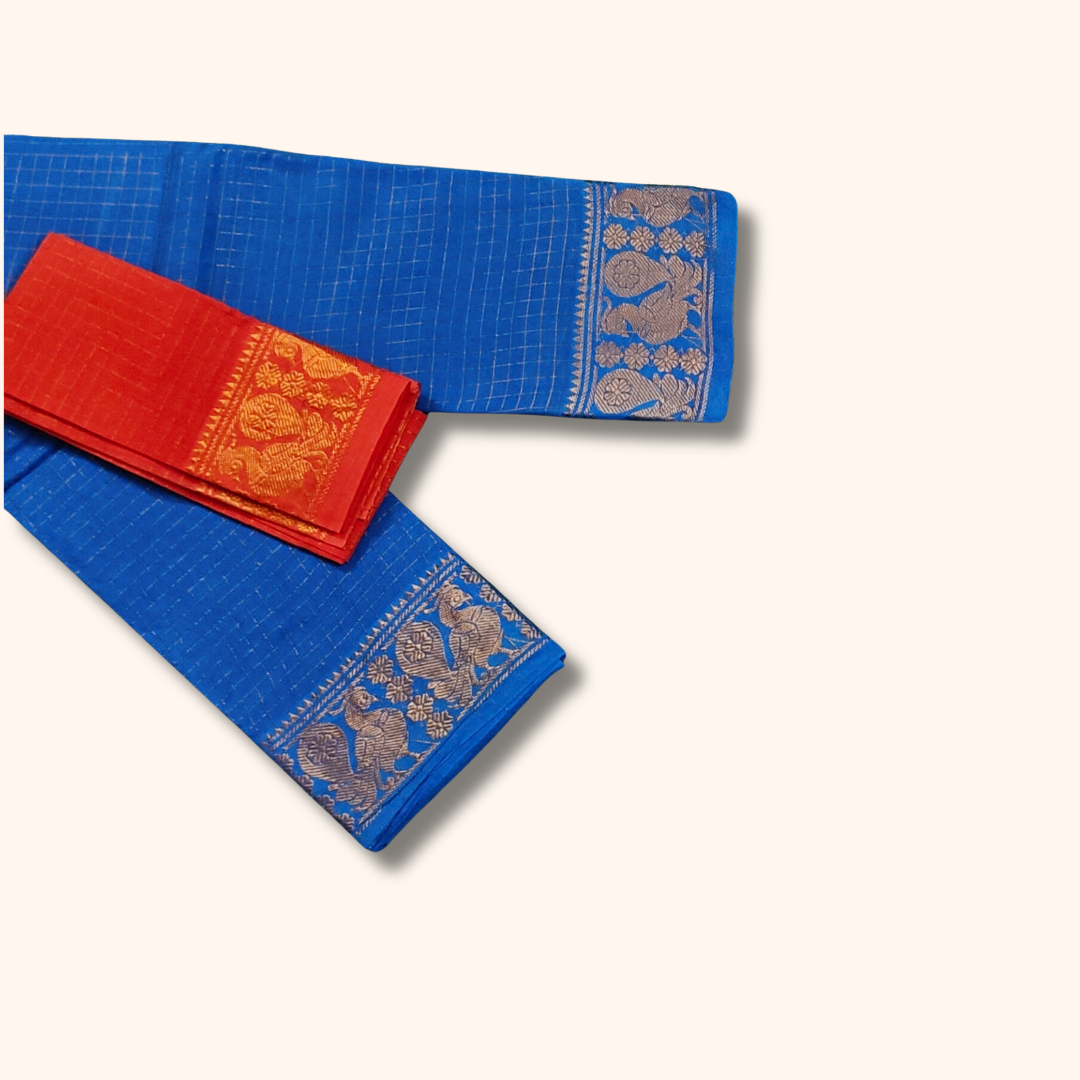 Royal Blue Pure Sungudi Cotton Saree with Golden Zari Checks & Peacock Border