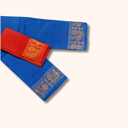 Royal Blue Pure Sungudi Cotton Saree with Golden Zari Checks & Peacock Border