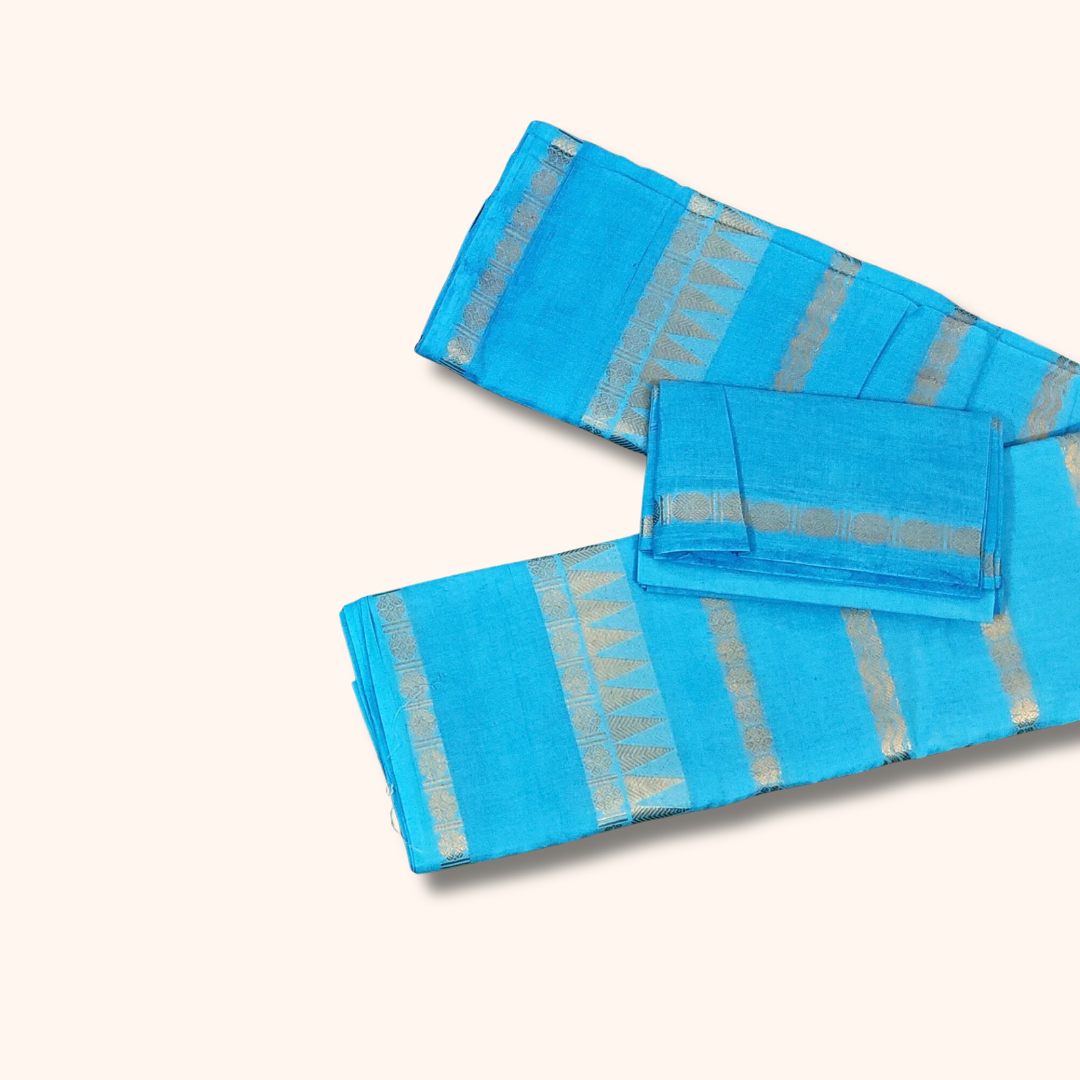 Turquoise Blue Cotton Saree with Gold Zari Stripes & Traditional Border – Separate Blouse