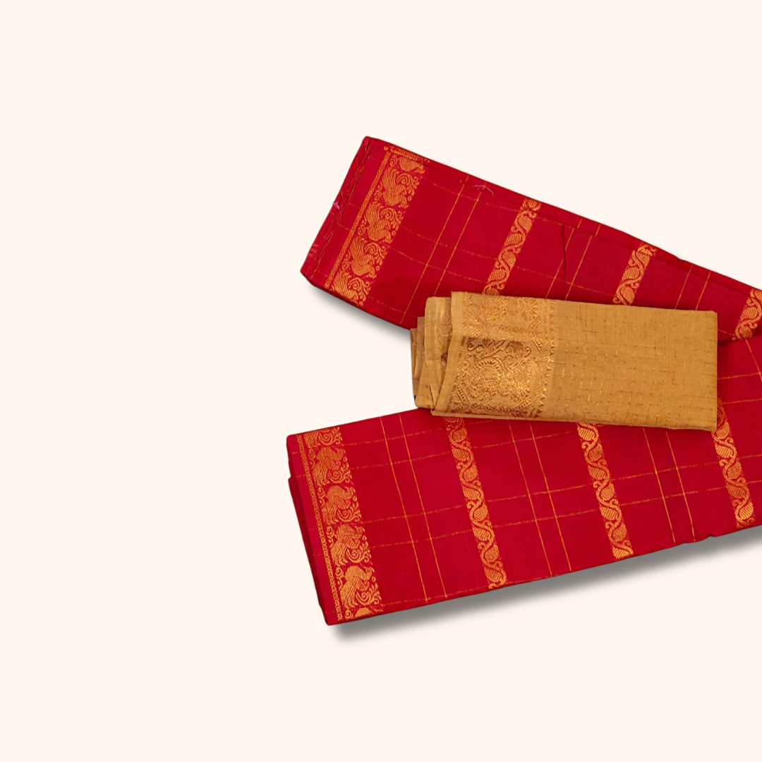 Tomato Red Cotton Saree with Gold Zari Checks & Peacock Border – Separate Blouse