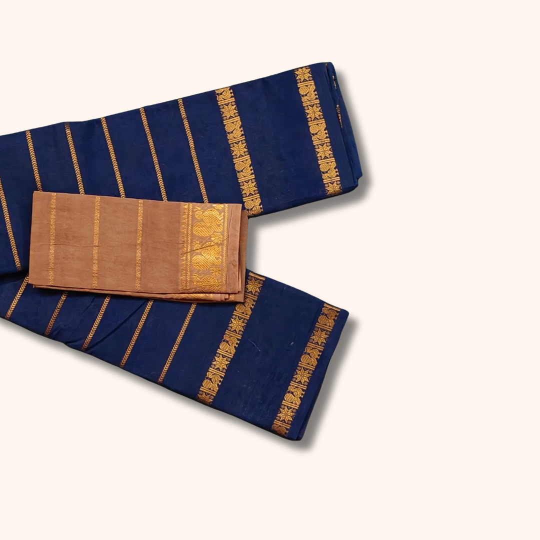 Navy Blue Pure Sungudi Cotton Saree with Gold Zari Stripes & Separate Blouse Piece
