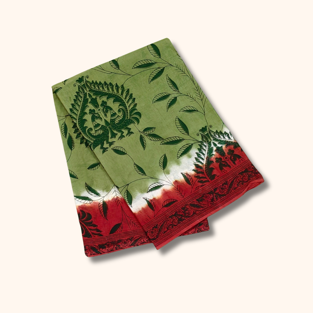 Pista Green Kalamkari Printed Cotton Saree with Red Border – Separate Blouse